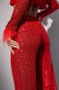 Брючний костюм с пайетками и перьями на рукавах - 9549 красный